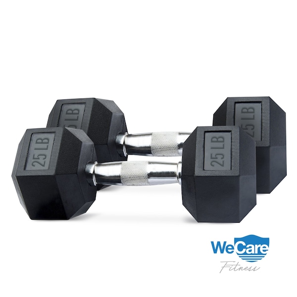 Wecare Fitness Rubber-Coated Chrome Handle 25 Lbs Dumbbells, Set of Two, Black, 2PK WC-2P-25LB-BK - main